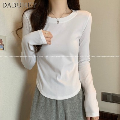 DaDuHey Women's Round Neck Long Sleeve Pure Cotton T-Shirt, New Korean Style, Trendy Casual Slim Fit Short Shirt