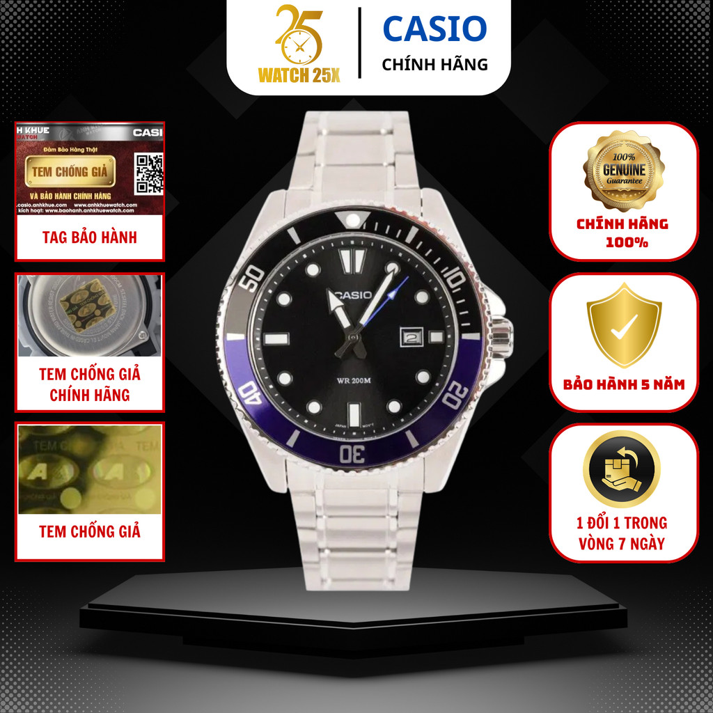 Đồng Hồ Nam Casio MDV-107D-1A2VDF Watch25x - Mặt Số Đen Sâu, Viền Xoay Độc Đáo, Kim Dạ Quang.