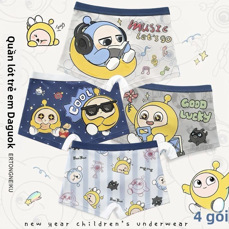 Quần lót bé trai Eggy Party – Set 4 quần boxer cotton co giãn, họa tiết hoạt hình đáng yêu