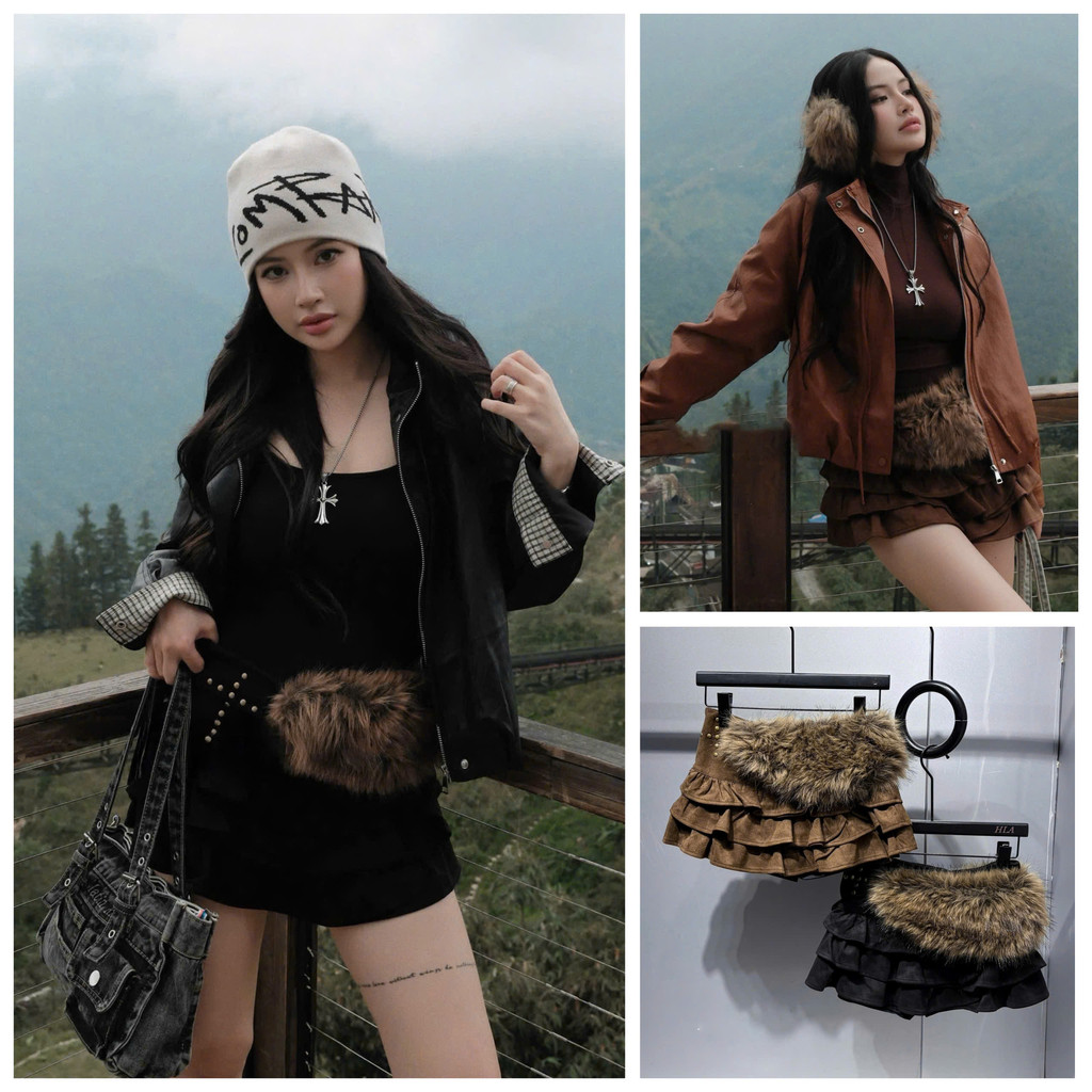 SALE LẺ SIZE Chân váy da lộn tầng kèm đai lông UMEE STORE QCCC QCL1 CV0721 9735