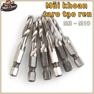  【MANCHER Bộ 6 Mũi Khoan Taro Tạo Ren M3 - M10 Thép Gió HSS Cao Cấp Mạ Titan  Inox Chuôi Lục Giác Bắn 