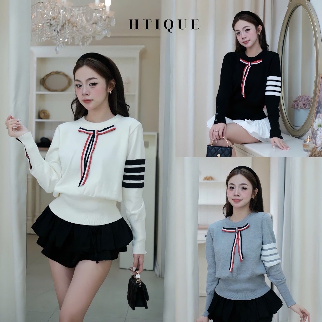 (BST thu đông HTIQUE) DEAL mở bán Áo len dệt kim đính nơ cao cấp, Áo len phối sọc kèm nơ bo chun LA2