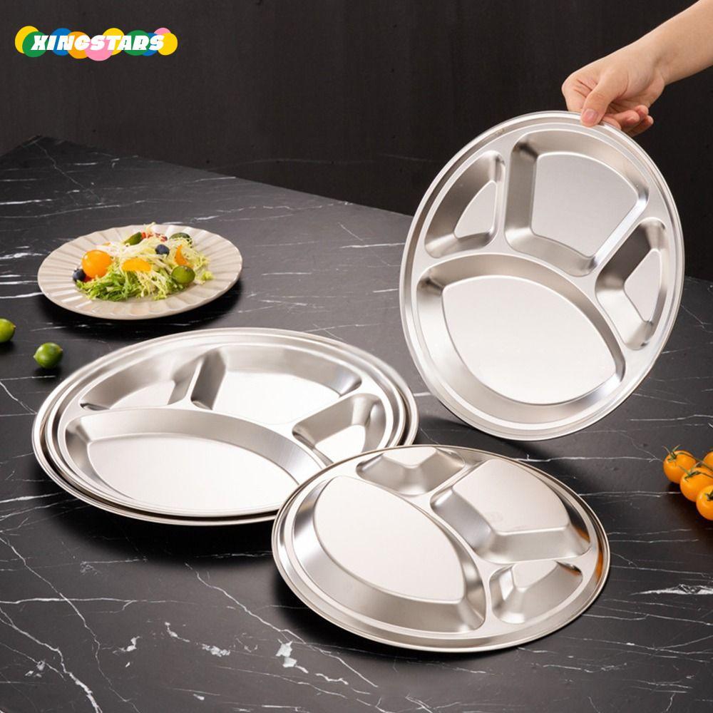 XINGSTARS 1 Khay Phục Vụ Thực Phẩm, Đĩa Khay Inox Roti Canai, Cửa Hàng Thực Phẩm Nhanh 4 Ngăn Chia 2