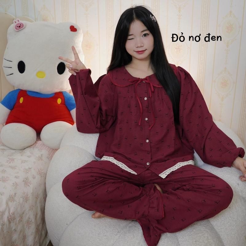 DÀI TAY Cổ SEN bộ ngủ nữ tiểu thư cổ sen vải đũi bôngmây mùa thu mặc đi ngủ thoải mái Women Quần Ngủ Áo Ngủ Cotton sen 5 | BigBuy360 - bigbuy360.vn