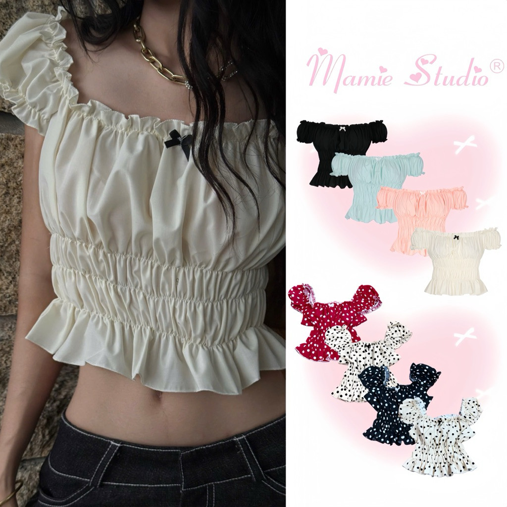 Áo nhún Mamie ôm body form croptop đính nơ xinh xắn, co giãn thoải mái.