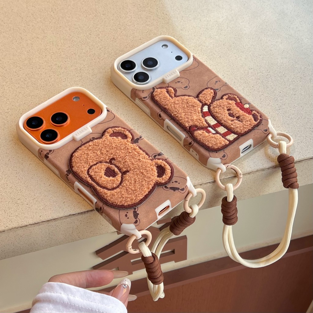 Ốp điện thoại hình gấu thêu IPhone 17 16 15 14 13 Pro Max Vỏ bảo vệ IP 13Pro 16Pro Vỏ mềm chống sốc