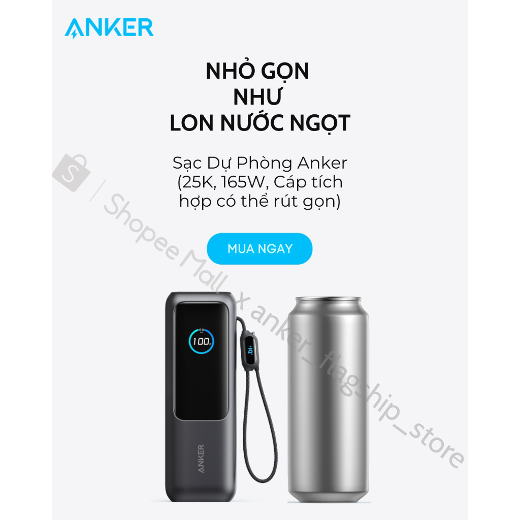 [TặngQuạtMini] Sạc dự phòng ANKER Zolo 25kmAh | Công suất 165W | Tích hợp 2 cáp USB-C rút gọn | Có màn hình - A1695 | BigBuy360 - bigbuy360.vn