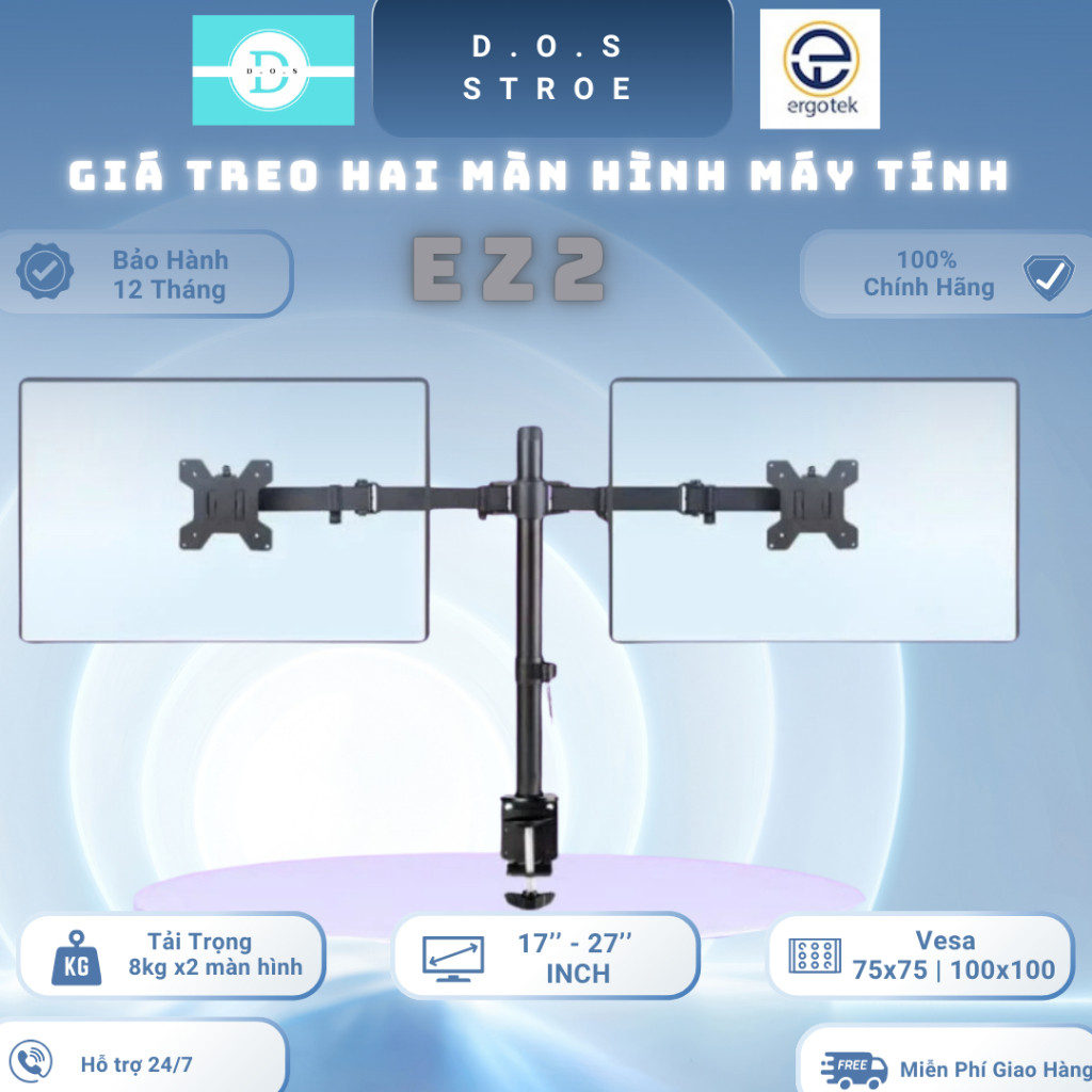 [EZ2] [ErgoTek] GIÁ TREO HAI MÀN HÌNH MÁY TÍNH XOAY 360° [17”-27” Inch] Monitor ARM