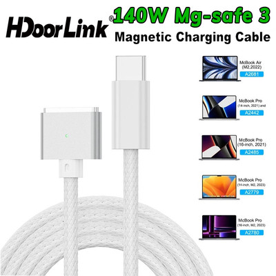 Cáp sạc HdoorLink USB C sang từ tính 3 cho (Mac) Book Pro Air M2 A2442 A2485 A2681 140w Dây nguồn sạc