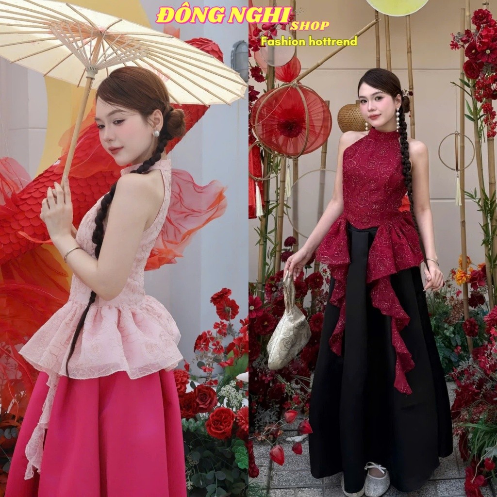 CRL_ Set váy dài, Outfit tết xinh, Set áo Yếm Tết Ren hoa tua rua bèo mix váy dài Tafta xếp ly xoè