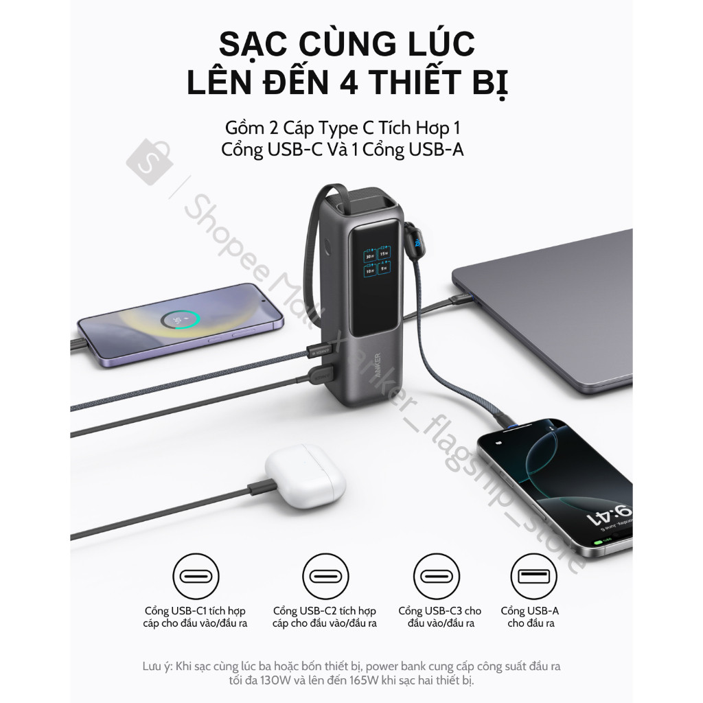[TặngQuạtMini] Sạc dự phòng ANKER Zolo 25kmAh | Công suất 165W | Tích hợp 2 cáp USB-C rút gọn | Có màn hình - A1695 | BigBuy360 - bigbuy360.vn