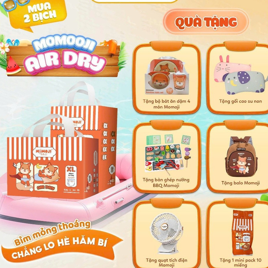 Combo 2 Tã Bỉm Dán/Quần Momoji Air Dry Êm Mềm, Siêu Khô Thoáng, An Toàn Cho Bé