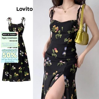 Đầm Lovito xếp nếp họa tiết hoa xẻ tà phía trước phong cách thường ngày cho nữ L85AD181