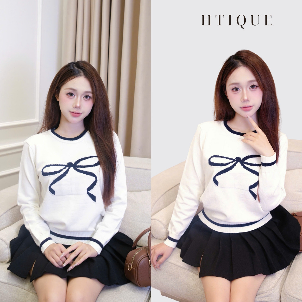 (BST Thu Đông HTIQUE) DEAL mở bán Áo  len dêt kim thêu nơ dịu dàng, Áo len sweater form vừa vặn cao 