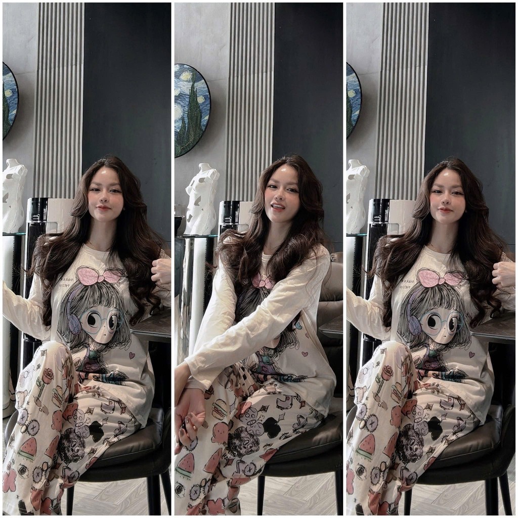 set816- Set mặc nhà vải thun díp in hình quần suông cạp chun Thời trang nữ Mai Linh