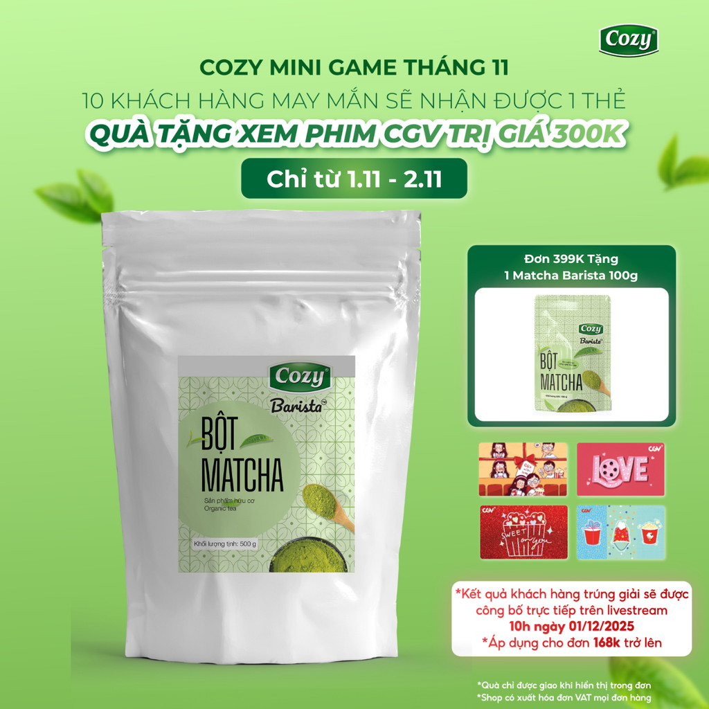 Bột Matcha Cozy Túi Lớn 500gr Bột Trà Xanh, Matcha Pha Latte Nguyên Chất Công Nghệ Nghiền Không Sinh
