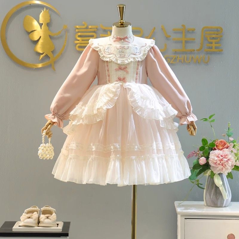 Qianqian Bán Sản Phẩm Mới Thu Đông 2025 Phong Cách Mới Lông Cừu Lót Bé Gái lolita Đầm Công Chúa Trẻ 