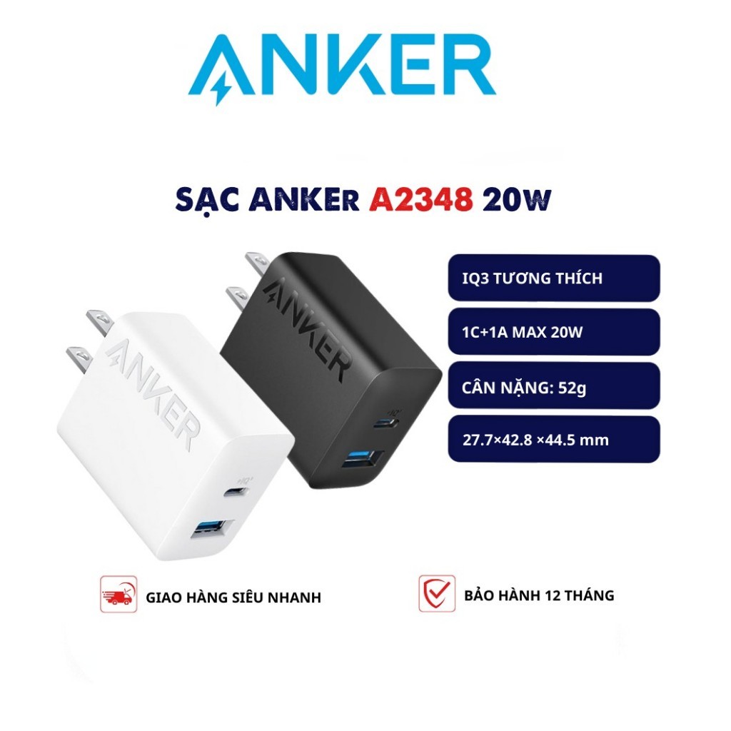 Củ Sạc Anker 20w 2 Cổng C+A IQ3 - A2348  - Anker A2347 1 cổng 20W (Bảo Hành 12 Tháng)