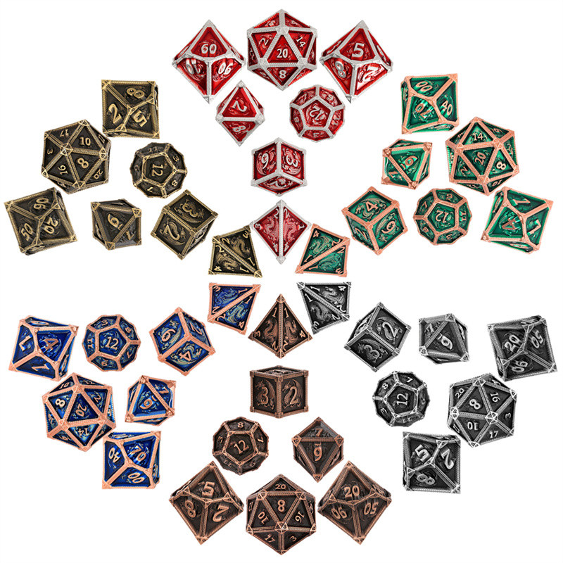 7pcs/set DND Metal Polyhedral Dice with Dragon Pattern Table Board Role Play Gaming Accessory Large 