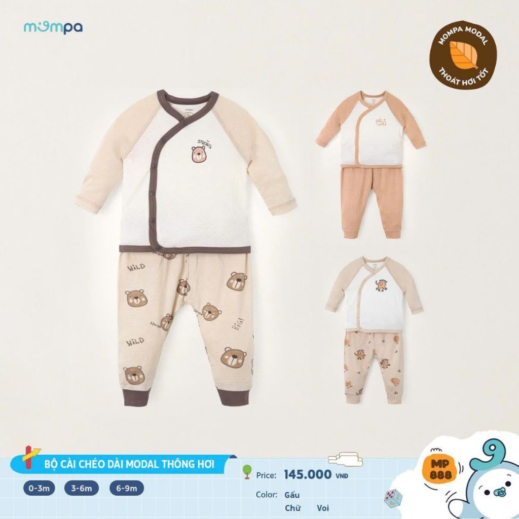 Bộ dài tay cài chéo cho bé Mompa 0-9 tháng vải Modal mềm mại thấm hút 888 MP