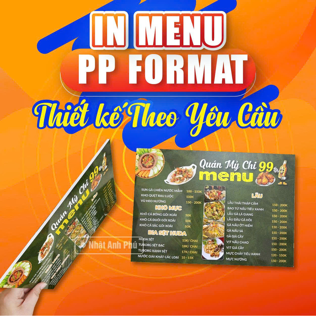 In Menu PP Formex Dày 5 Li, Khổ A3 A4, Cho Quán Ăn, Menu Ăn Vặt thiết kế theo yêu cầu