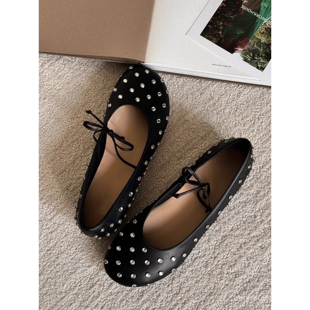 Rhinestone Shoes for Women with Straps and Bowknot, Flat Ballet Shoes, Versatile Shallow Mouth Singl
