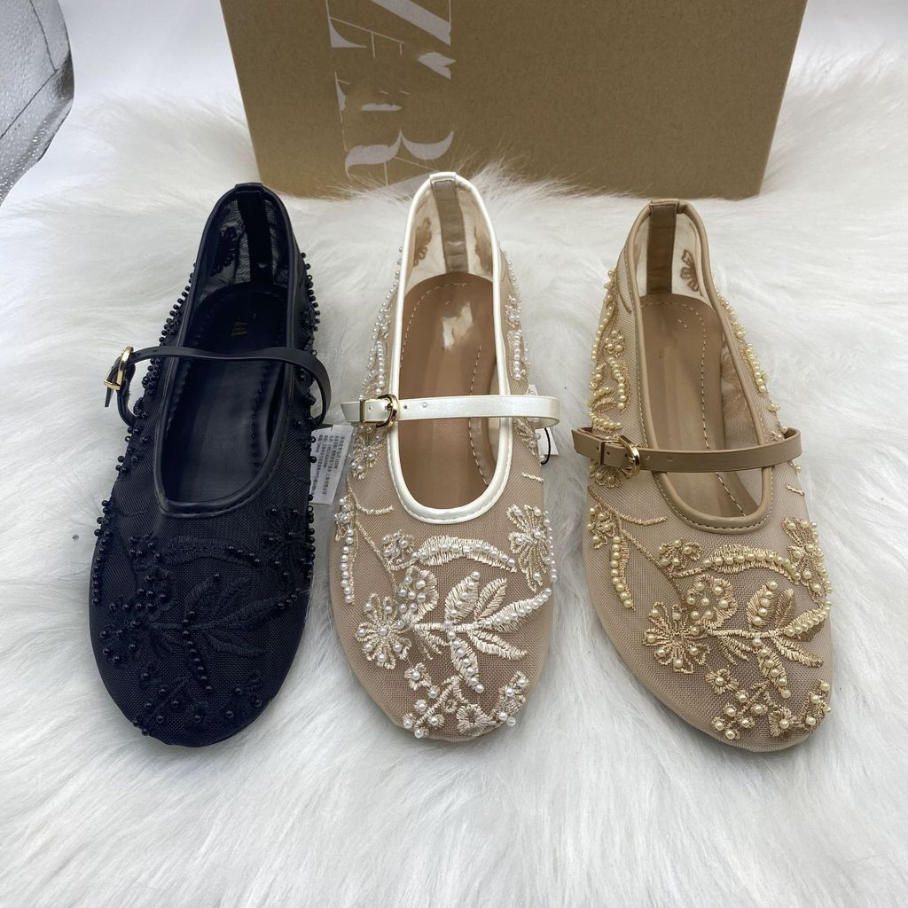 ZARA 2025New Women's Shoes Fashion Single Shoes Women's Shoes Retro Style Embellished Lace Embroider