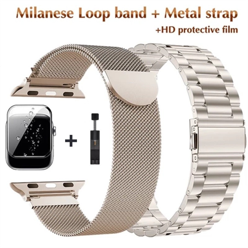 Dây đeo + Phim cường lực Dây đeo bóng thép Milanese 46mm 42mm cho Apple Watch Band Smart Watch Serie