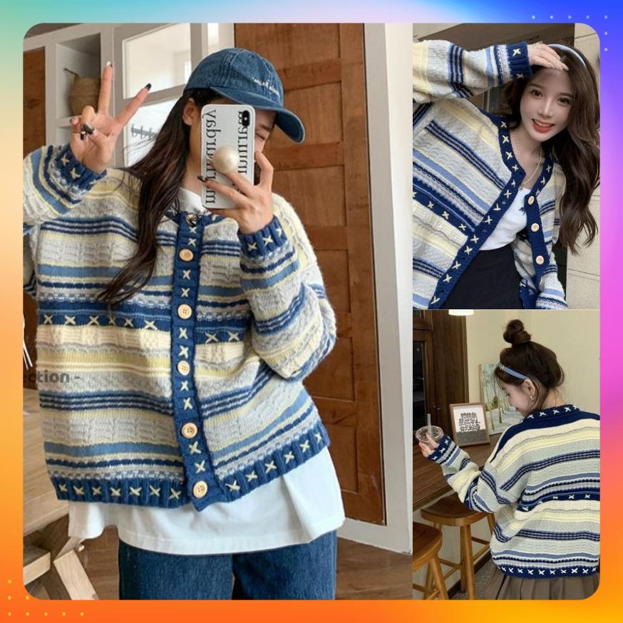 ⭐[P460] Áo khoác len thu đông Cardigan SỌC VIỀN THẬP phom rộng vải dày dặn - PnG