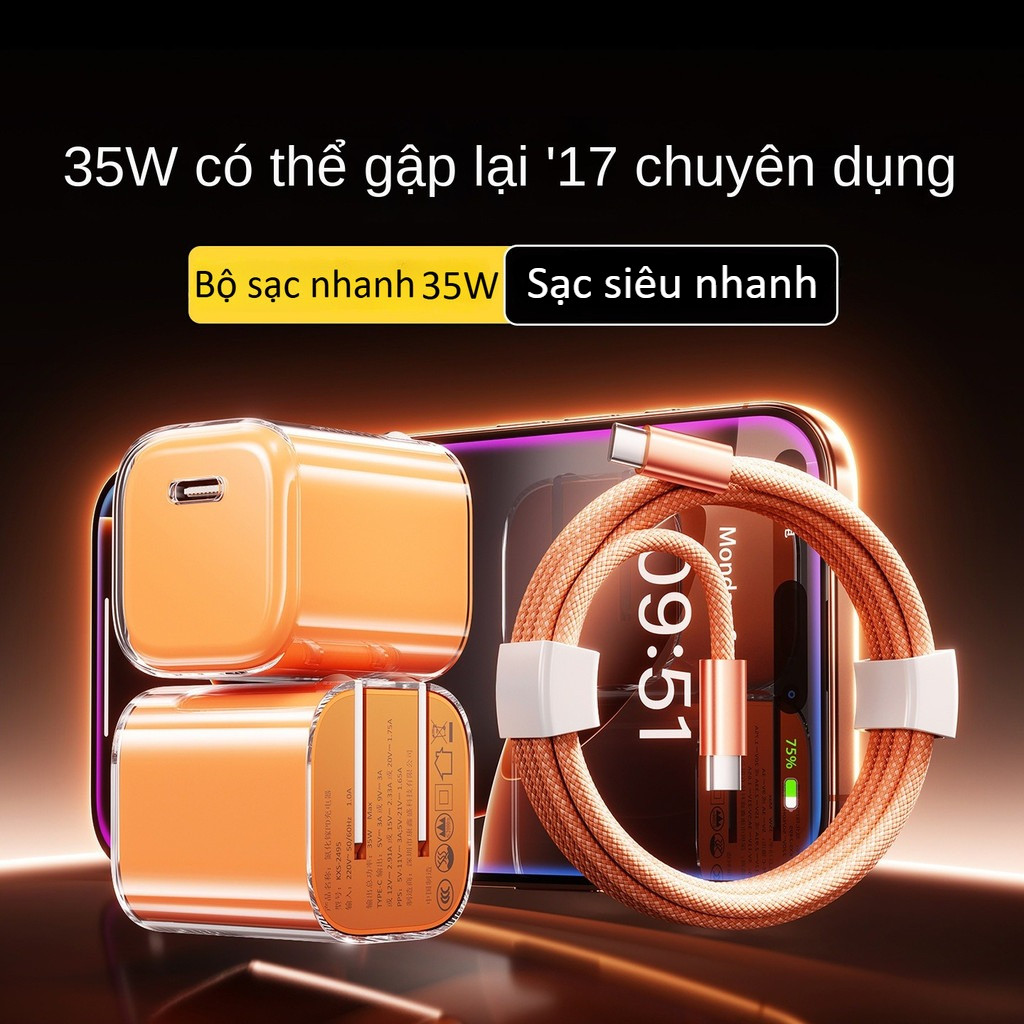 Sạc nhanh 35W (Củ PD 35W + Cáp Type-C )  Cáp bọc dù 1m cho iPhone 17 16 15 Pro Max An Toàn Không Nón