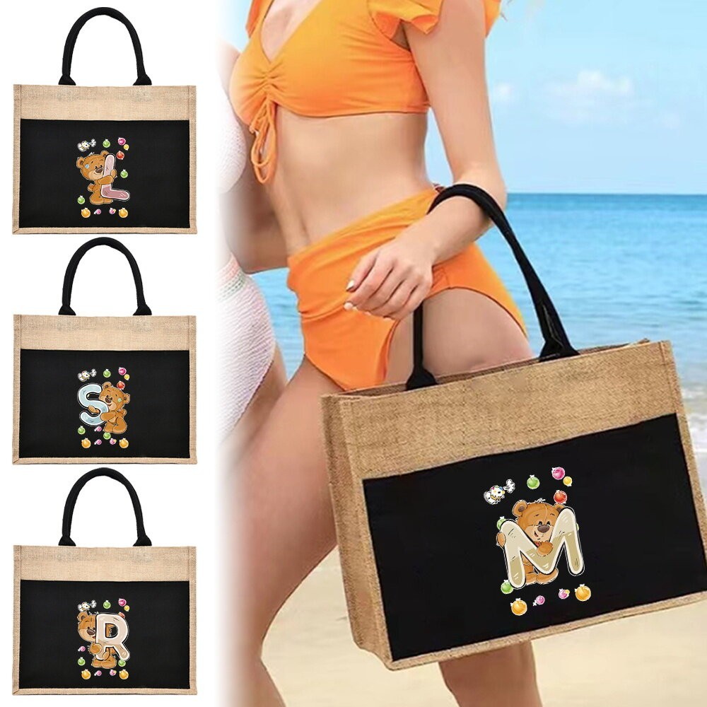 Jute Tote Bag Shopping Bag 𝗖𝗮𝗻𝘃𝗮𝘀 Women Travel Office Outer Sling Shoulder Bag Handbag Tote Beg Bear