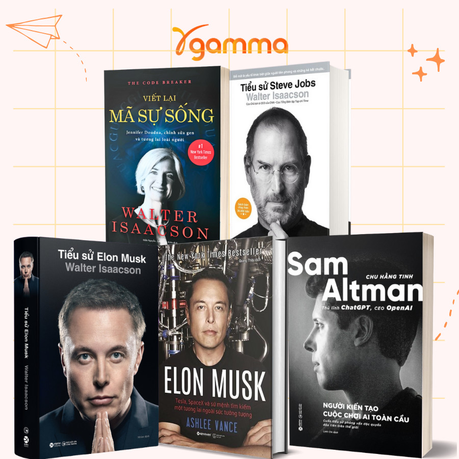 Sách - Lẻ/Combo 5 Cuốn: Tiểu Sử Elon Musk + Steve Jobs + Sam Altman + Viết Lại Mã Sự Sống + Tesla