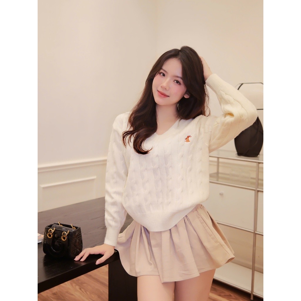 (BST Mới Thu Đông HTIQUE) DEAL mở bán Áo len Sweater thêu thỏ, Áo len dệt kim thỏ con cao cấp đáng y