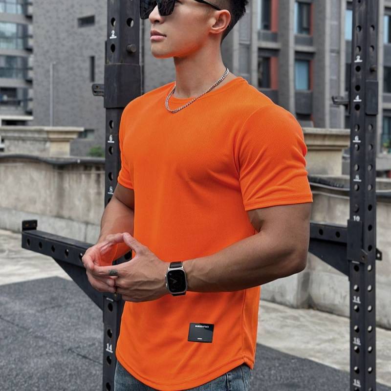 American Summer Muscle Workout Brothers Slim-Fitting Fashion Brand Short-Sleeved Men's Mesh Solid Co