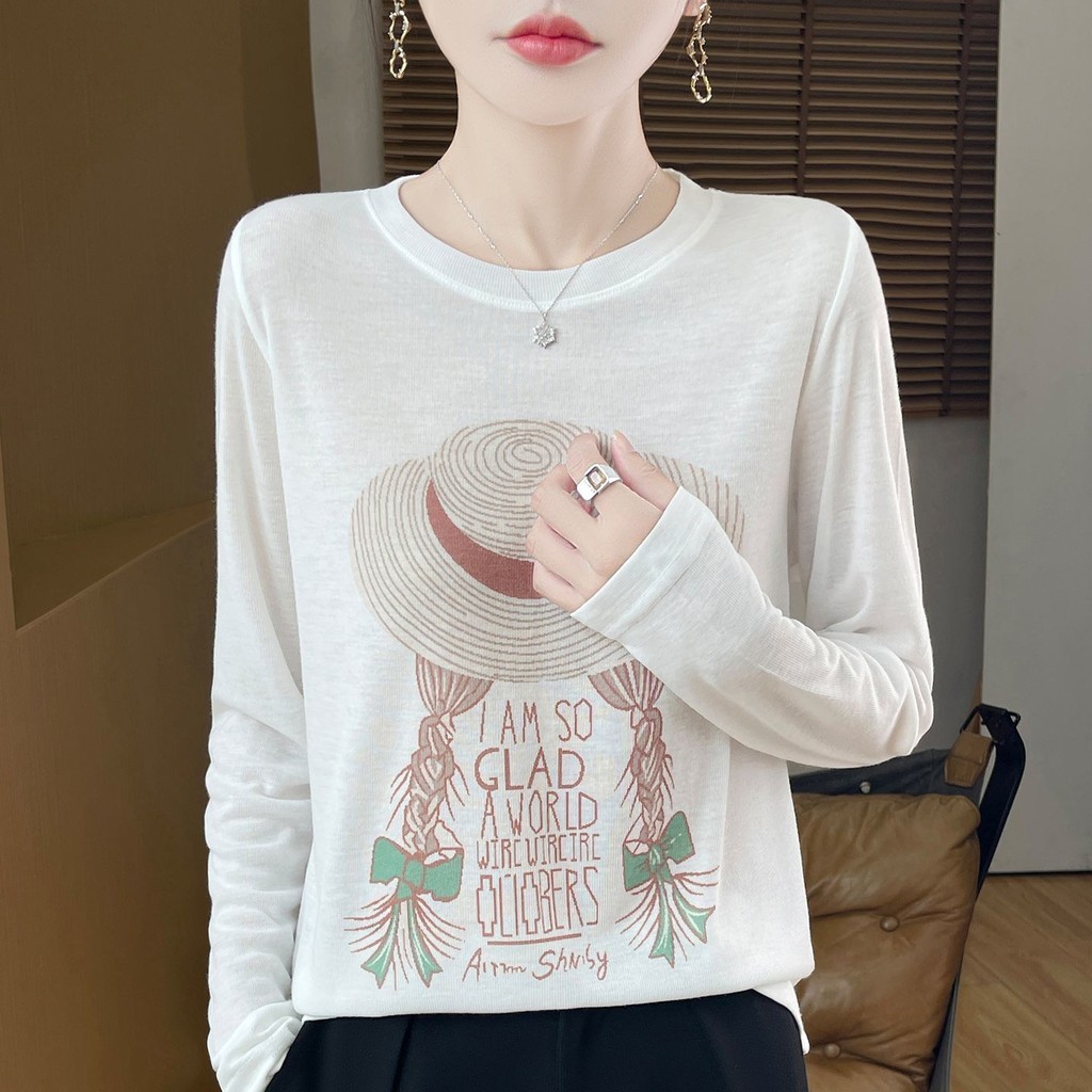 Áo len tencel cổ tròn dáng dài tay, kèm mũ rơm in hình - ZH-Z114