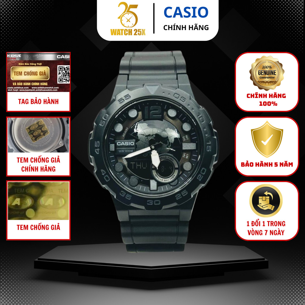 Đồng Hồ Casio AEQ-100W-1BVDF Watch25x Nam Size Lớn 47.7mm, Mặt Bản Đồ, Dây Cao Su, Pin Bền Bỉ