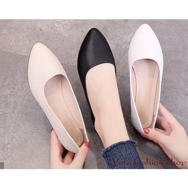 YB8 [O18] Đế ba lê mũi nhọn bằng da mềm đơn giản với đế cao 2cm siêu thoải mái - Bao gồm hình ảnh th