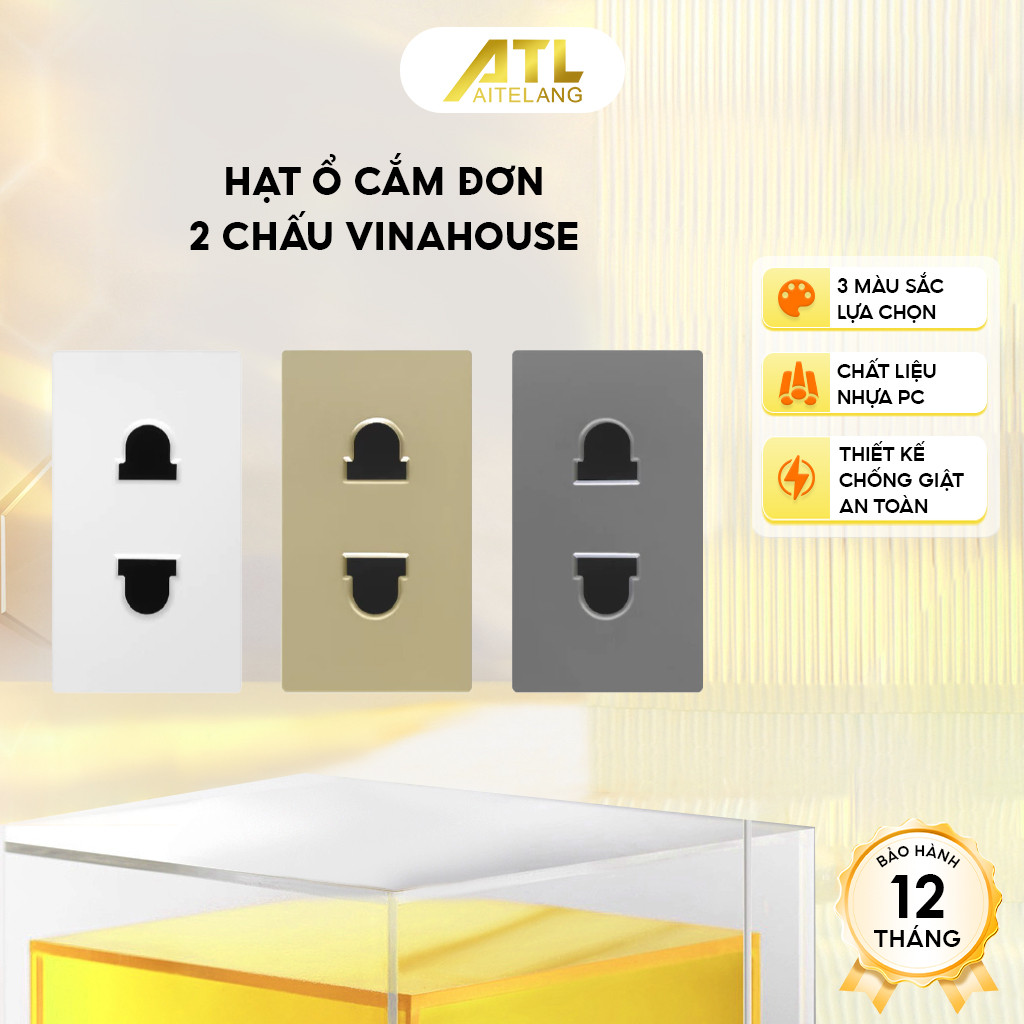 Hạt ổ cắm đơn 2 chấu Vinahouse, phụ kiện ổ cắm điện âm tường, chất liệu bền, an toàn