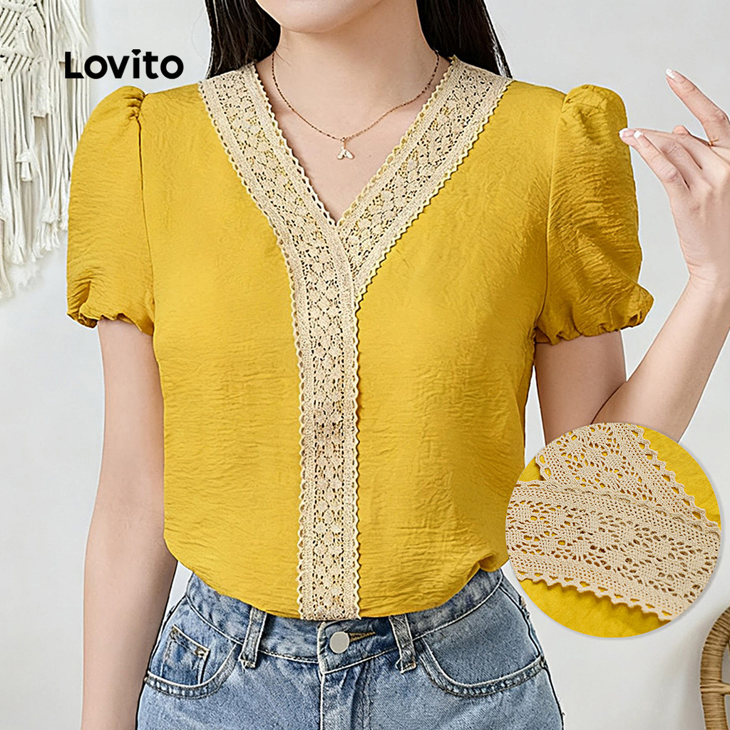Lovito Áo sơ mi nữ thường cổ ruffles cổ phối màu xuân hè áo sơ mi vàng L157ED512