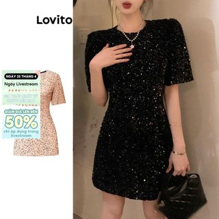 Lovito Đầm thường ngày Đầm Sequin trơn dành cho nữ LNA26116 (Đen)