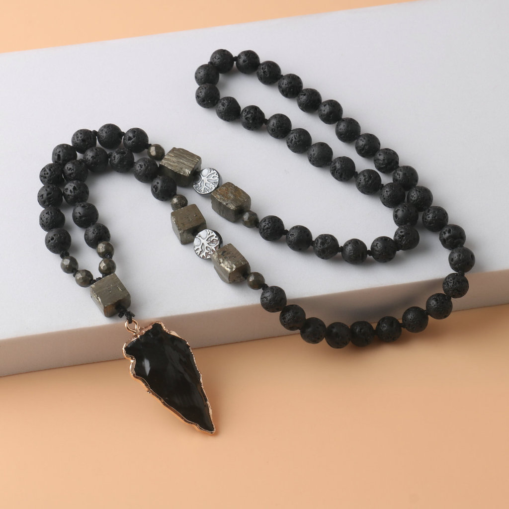 Mặt dây chuyền đá núi lửa obsidian, vòng cổ nam bằng đá obsidian và đồng sắt quặng