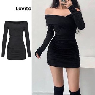 Đầm trễ vai tay dài Lovito màu trơn xếp ly phong cách preppy thời trang cho nữ L59ED141 (Đen)