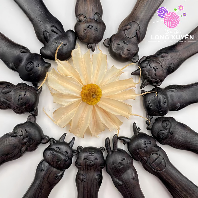 [SẴN] Kim móc len Jinlan 12 con giáp gỗ mun | Len Sợi Long Xuyên