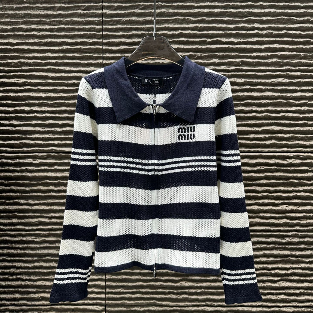 MIUMIU Autumn and Winter New Striped Lapel Knitted Cardigan Fashion Versatile