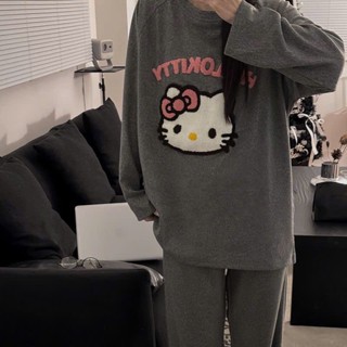  Bộ đồ ngủ Hello Kitty dài tay quần dài form rộng cho nữ mặc thu đông cực xinh  