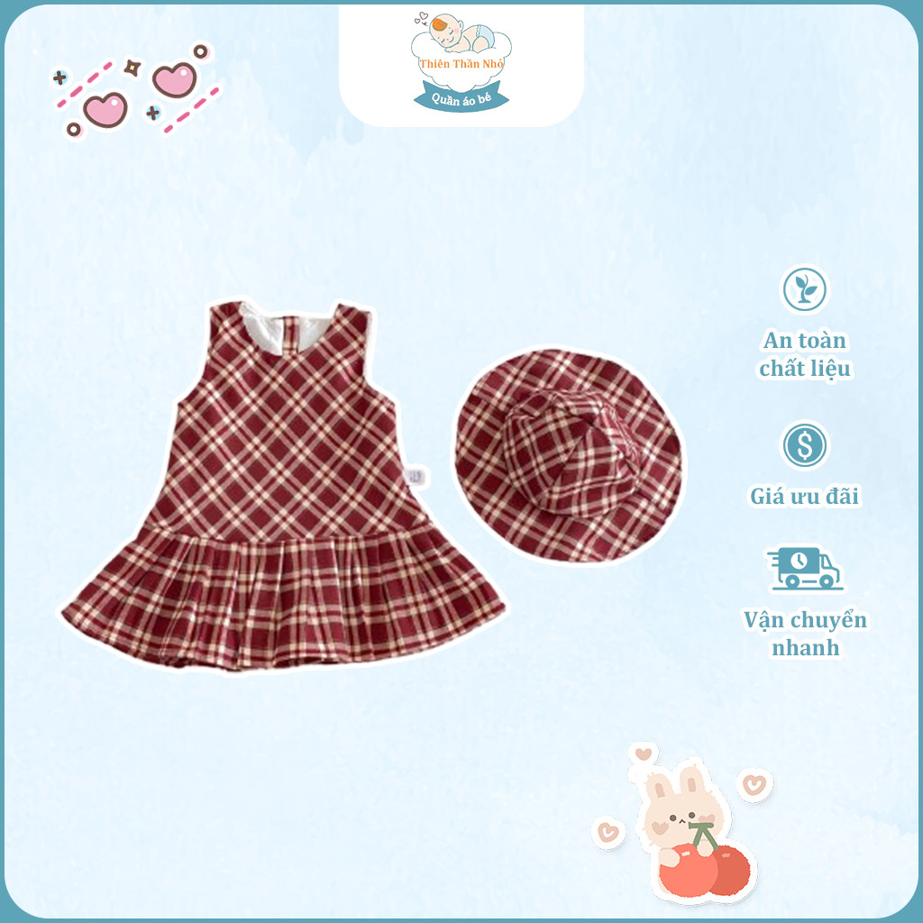 Mùa Xuân Vintage Red Checkers Bông Mềm Đầm + Mũ 1-3 Tuổi