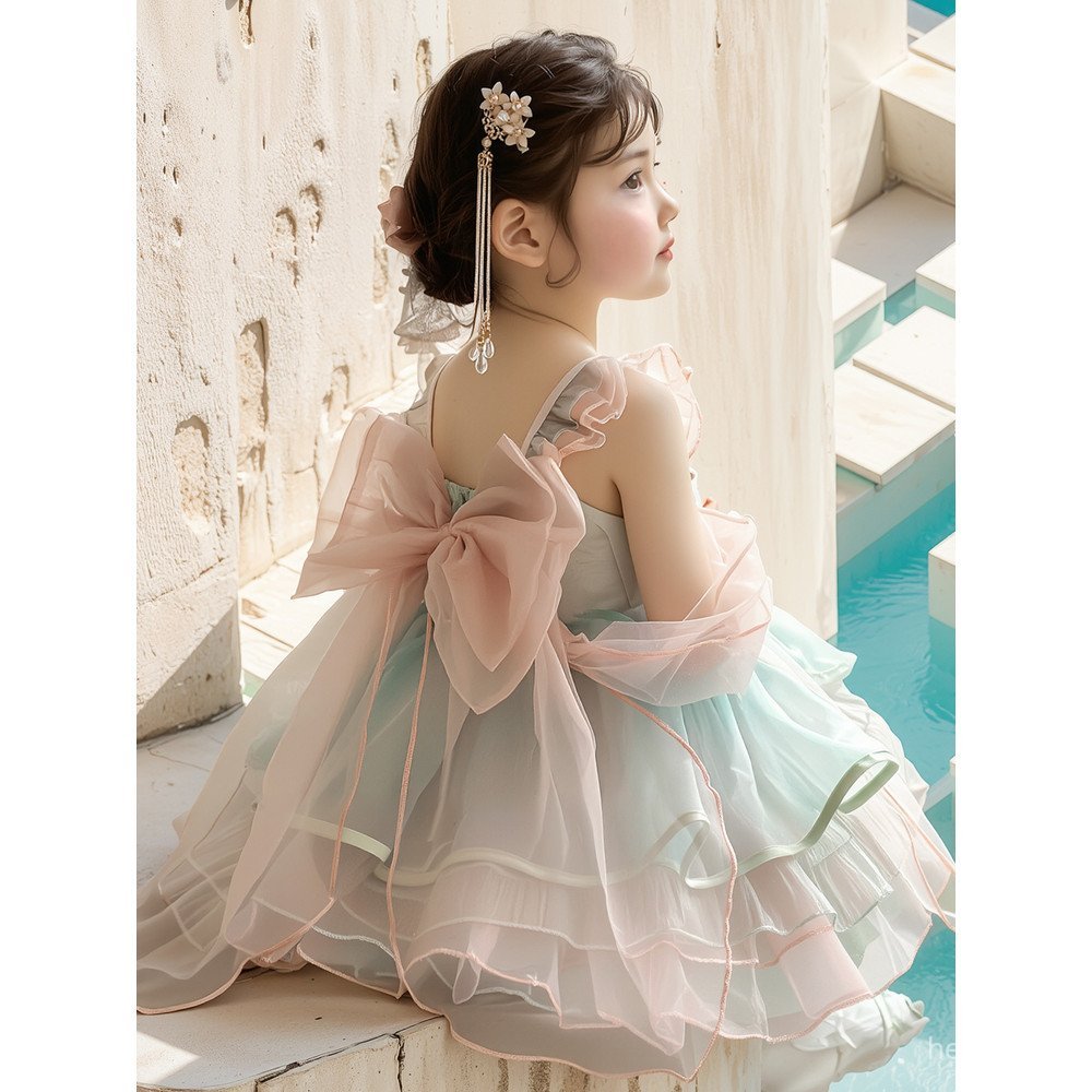 Girls' Hanfu Dress Stylish Summer Baby Girl Puffy Strap Performance Dress