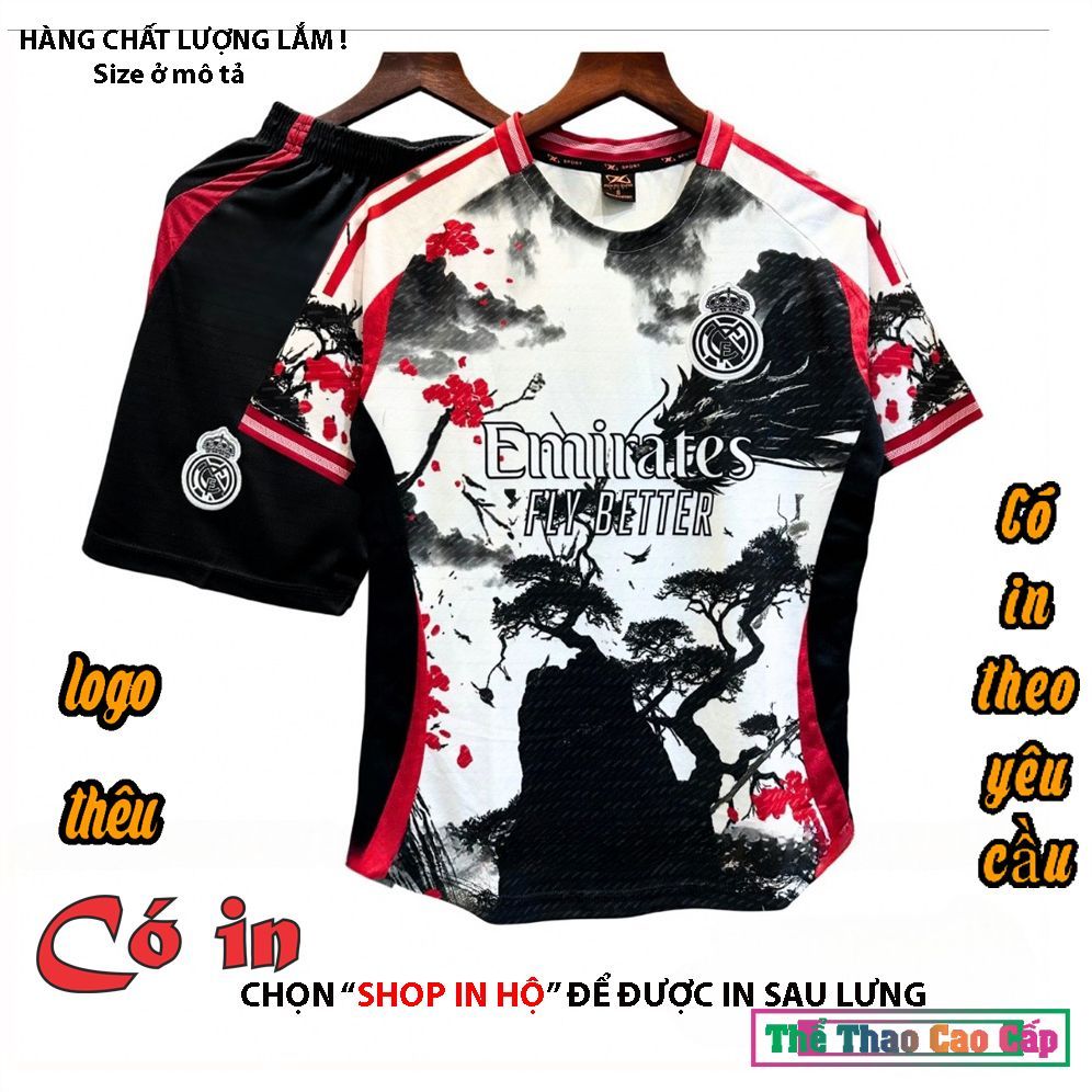 [Hàng quá đẹp/Có in lưng]Quần Áo Bóng Đá, Đồ Đá Banh Real Madrid 25/26 trắng rồng đen vải mè S-COMF