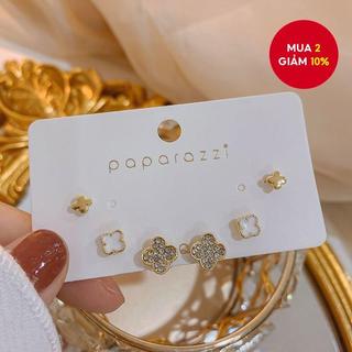  Mini 3 Bộ Kim Cương Hàn Quốc Bông Tai Cỏ Bốn Lá Màu Vàng Trang Sức Thời Trang Quà Tặng Cho Nữ 