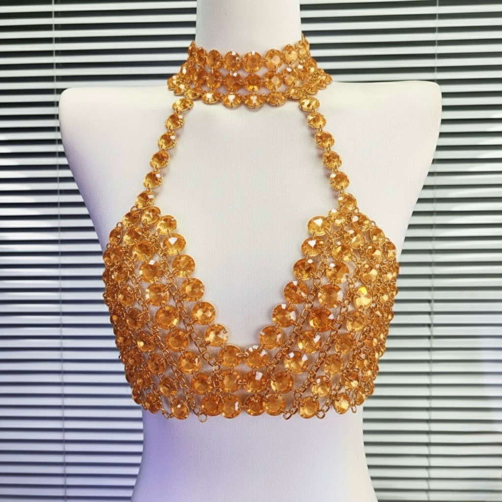 HCM - 126 - Áo Yếm Lưới Đính Đá Bling Bling Sexy Body Slay Tua Rua - Áo Dj Croptop Đính Đá Bling Bli